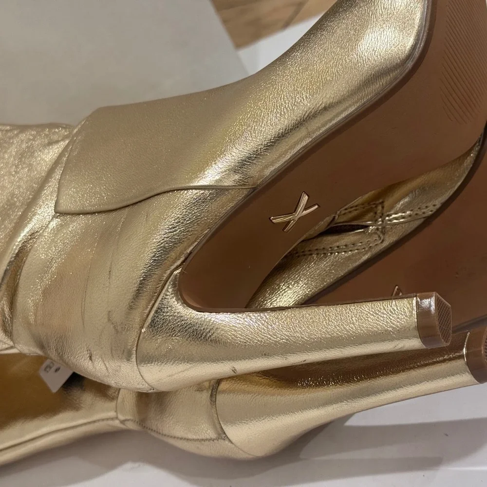 NEW Brian Atwood Express Express Over The Knee Boots‎ Gold Metallic Thigh High 6